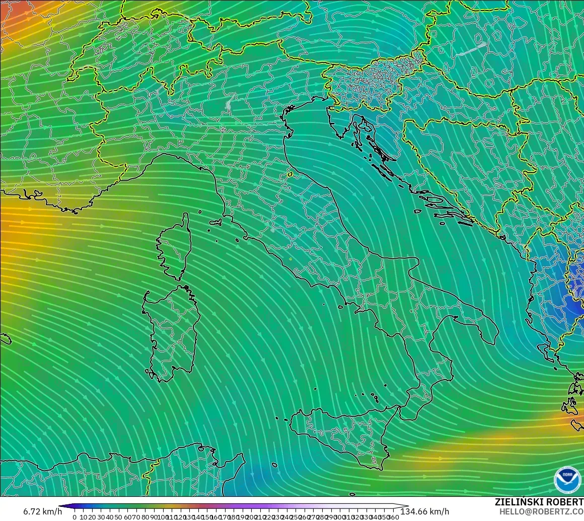 GFS model - Italia, Angin 300 hPa (aliran jet)
