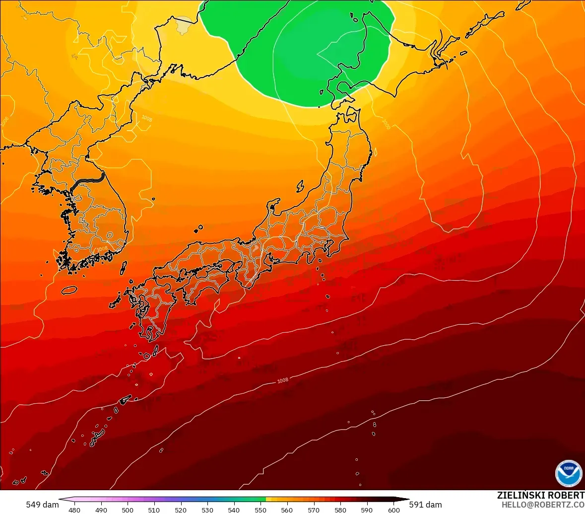 GFS modelo - Japan, Geopotential height at 500hPa
