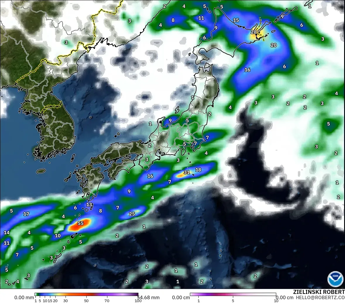 GFS modelo - Japan, Precipitation, Clouds, and Pressure