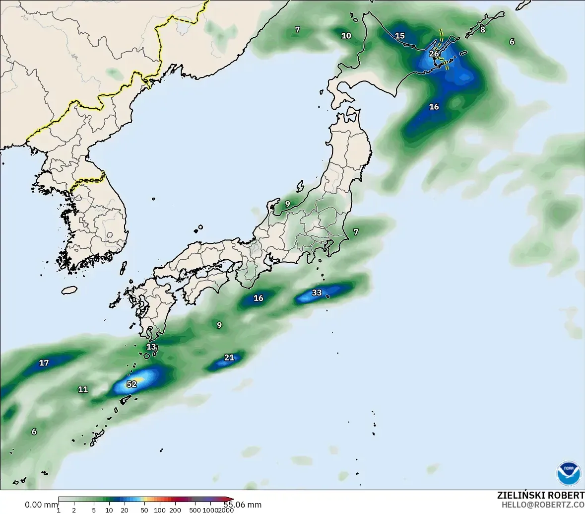 GFS model - Jepang, Akumulasi Curah Hujan