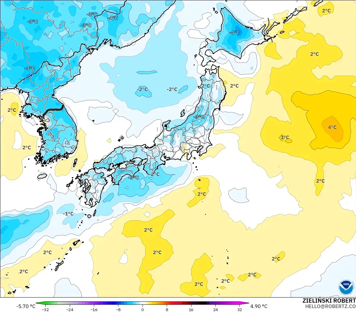 GFS modelo - Japan, Temperature at 2m Anomaly