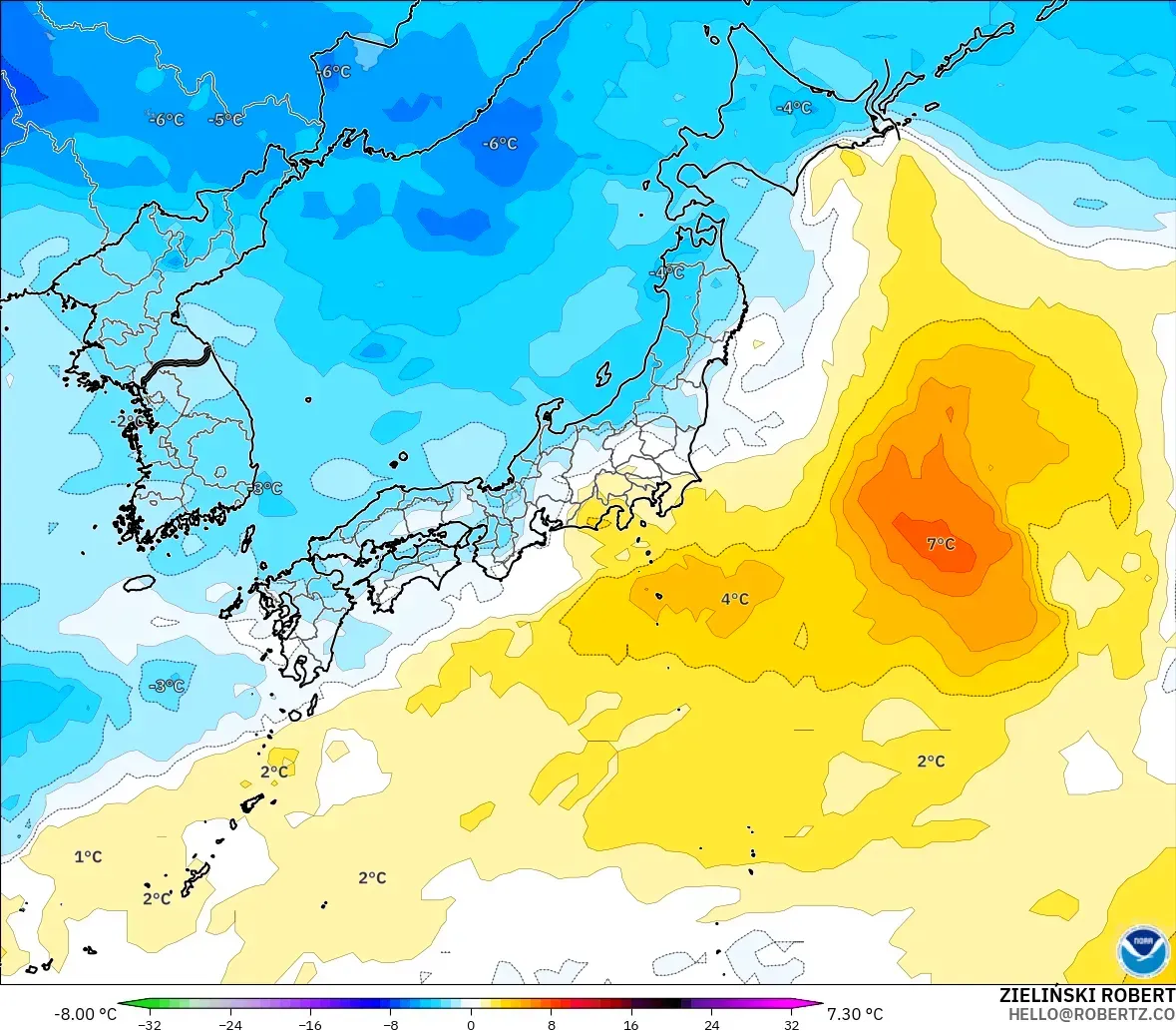 GFS modelo - Japan, Temperature at 850hPa Anomaly