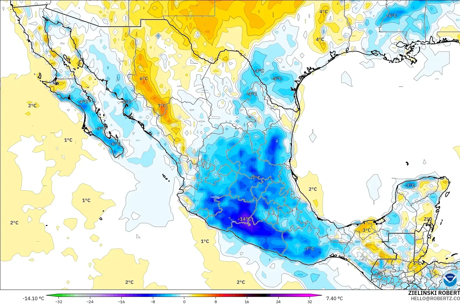 GFS modelo - Mexico, Temperature at 2m Anomaly