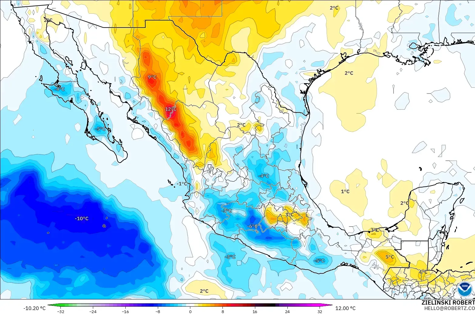 GFS model - Meksiko, Anomali Suhu 850 hPa