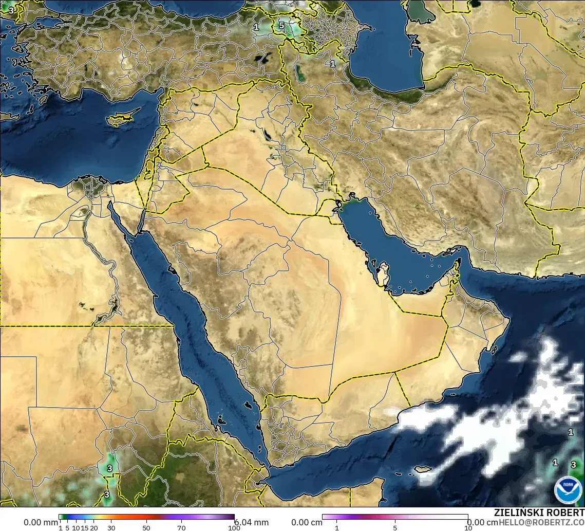 GFS modelo - Middle East, Precipitation, Clouds, and Pressure