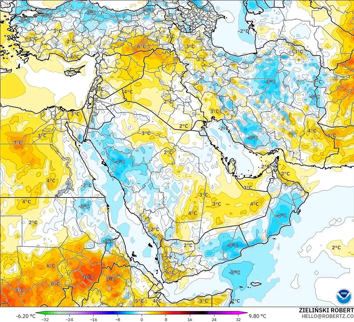 GFS modelo - Middle East, Temperature at 2m Anomaly