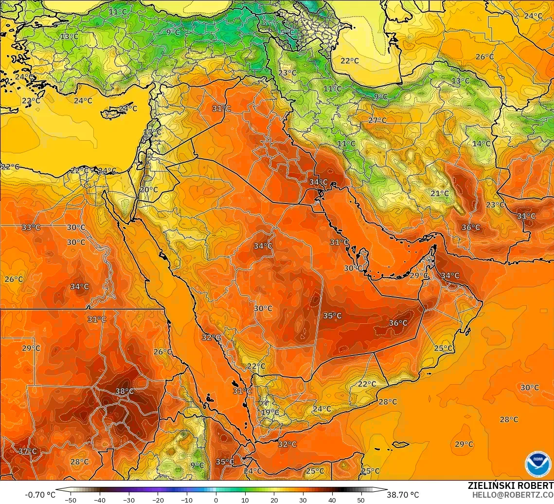 GFS modelo - Middle East, Temperature at 2m