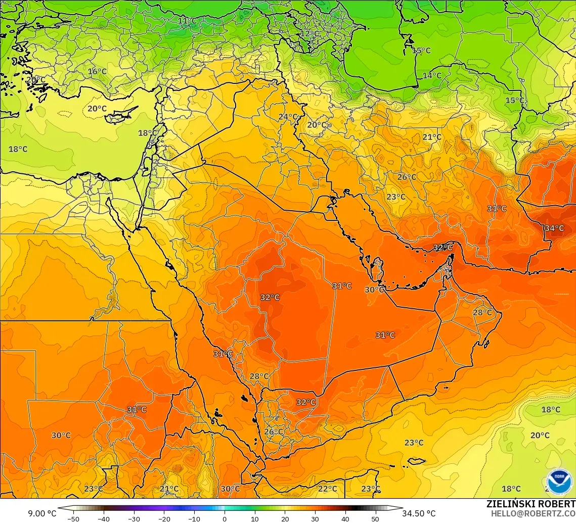 GFS modelo - Middle East, Temperature at 850hPa