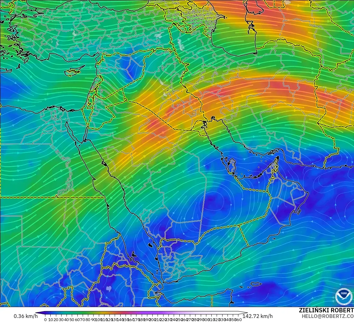 GFS model - Timur Tengah, Angin 300 hPa (aliran jet)