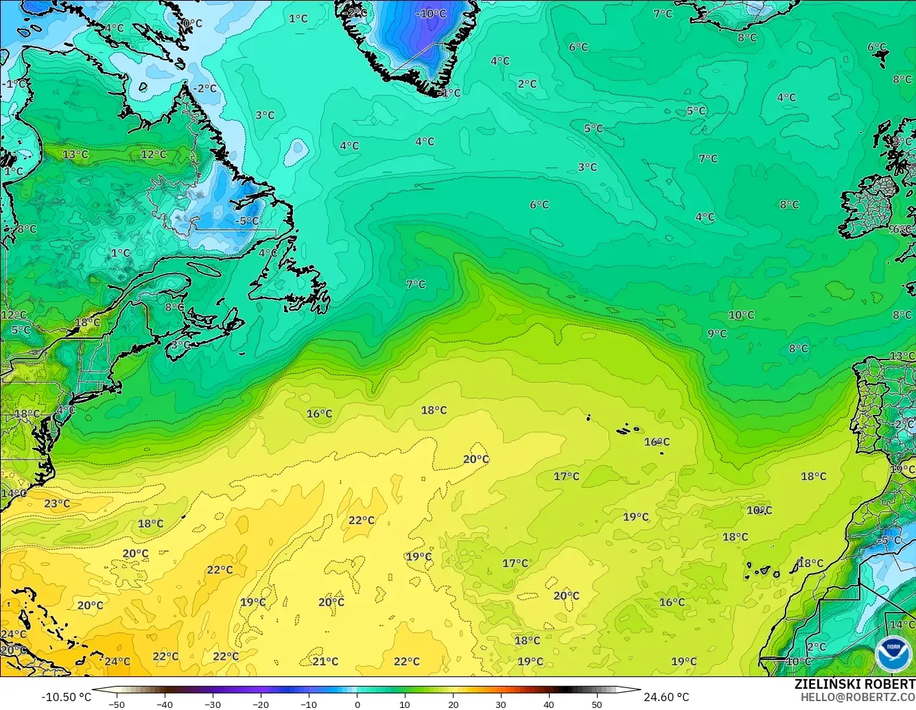 GFS modelo - North Atlantic, Dewpoint at 2m