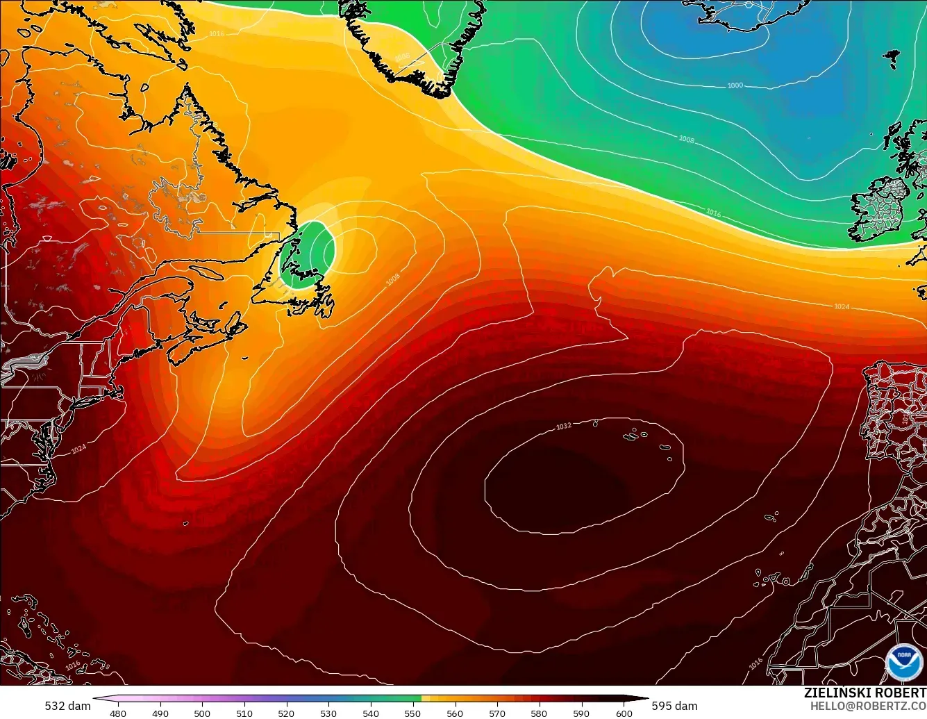 GFS modelo - North Atlantic, Geopotential height at 500hPa