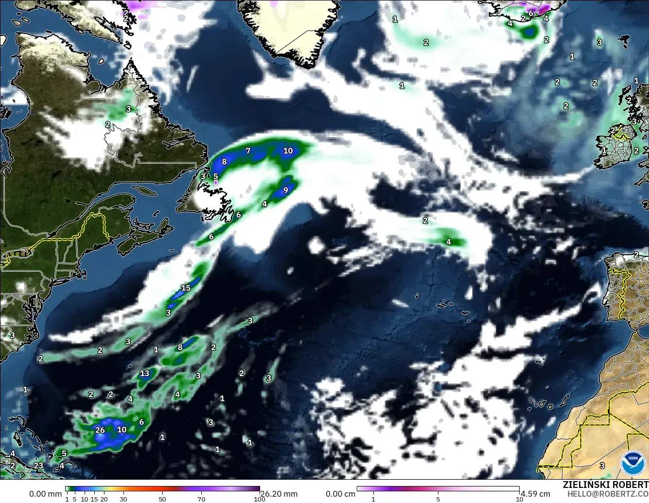 GFS modelo - North Atlantic, Precipitation, Clouds, and Pressure