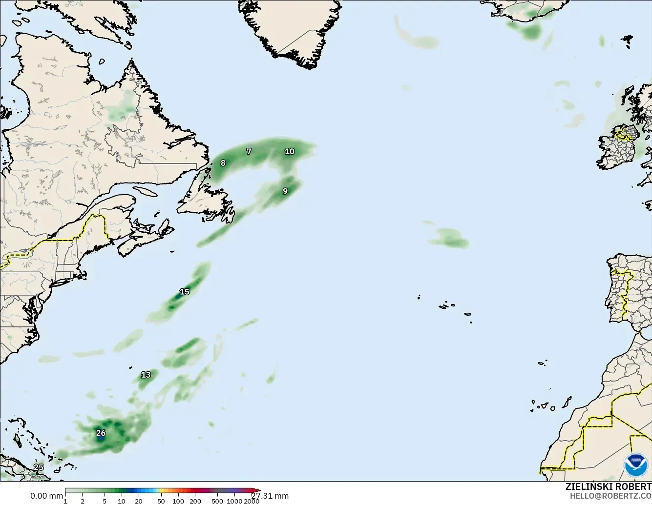 GFS modelo - North Atlantic, Precipitation Accumulation