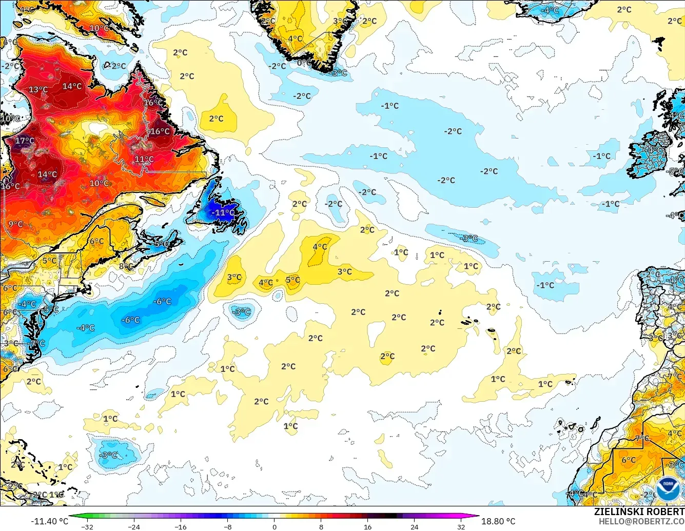 GFS modelo - North Atlantic, Temperature at 2m Anomaly