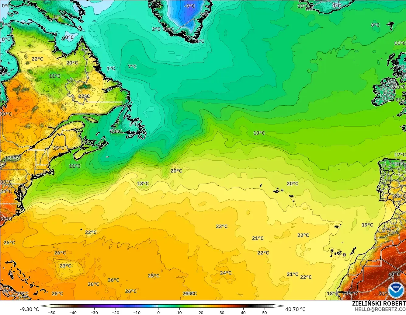 GFS modelo - North Atlantic, Temperature at 2m