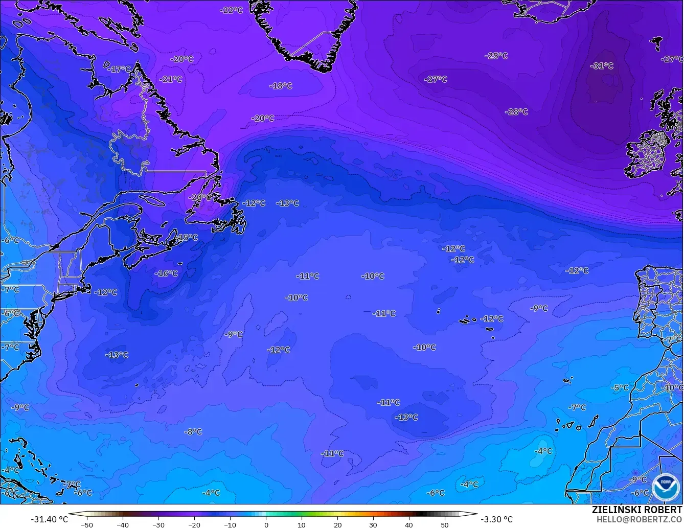 GFS modelo - North Atlantic, Temperature at 500hPa