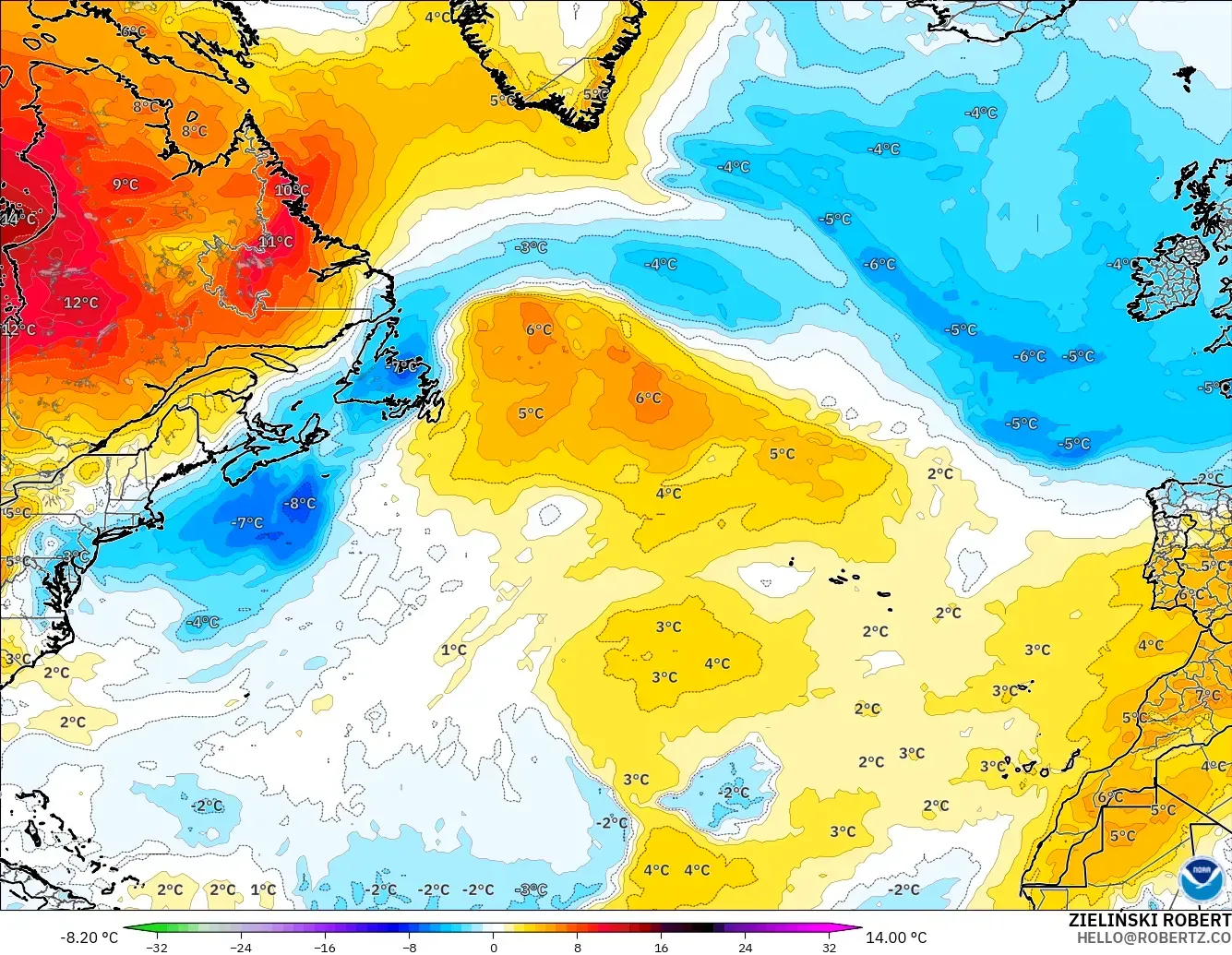 GFS modelo - North Atlantic, Temperature at 850hPa Anomaly