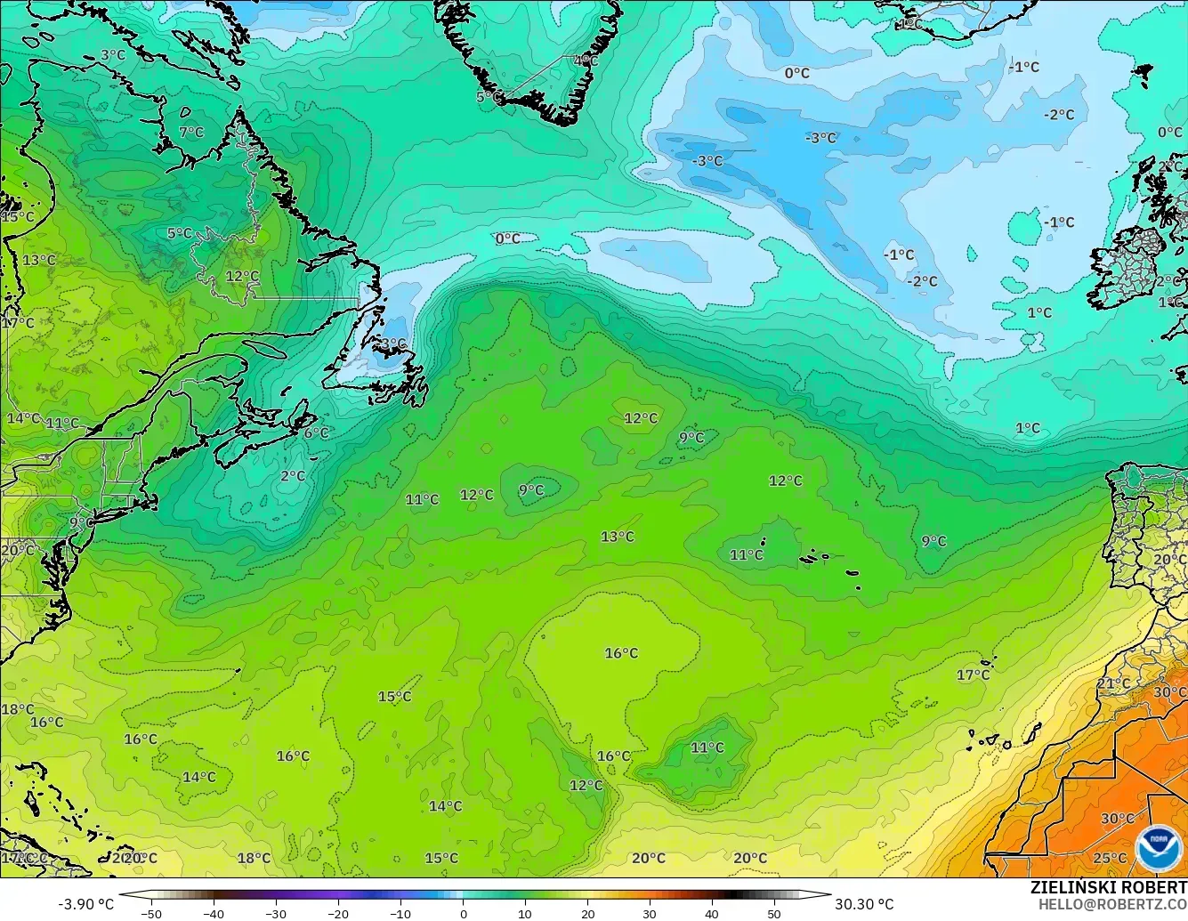 GFS modelo - North Atlantic, Temperature at 850hPa