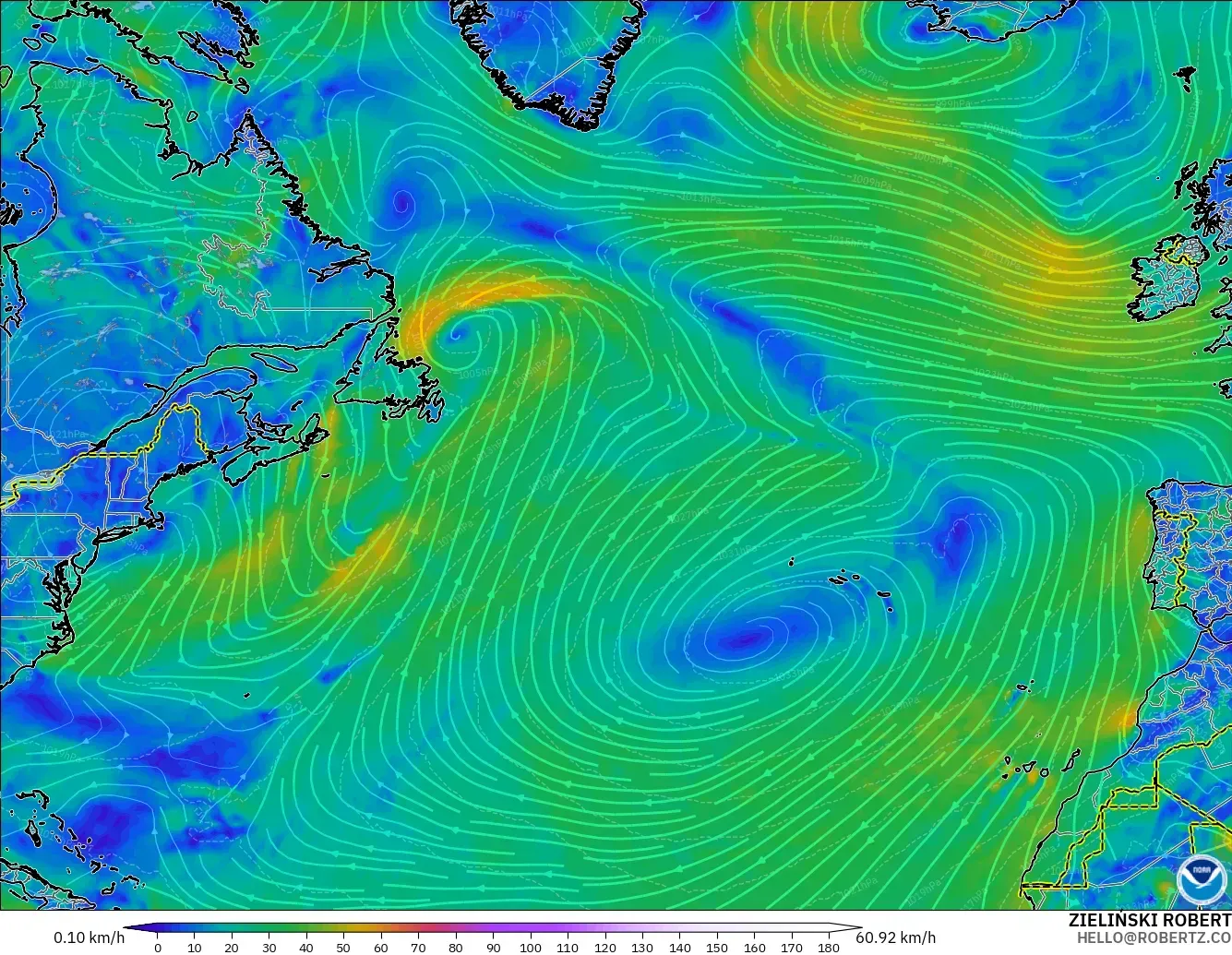 GFS modelo - North Atlantic, Wind at 10m