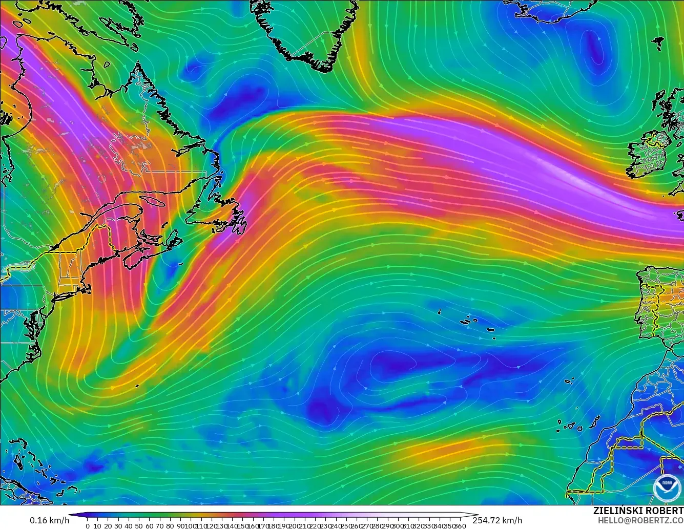 GFS modelo - North Atlantic, Wind at 300hPa (jet stream)