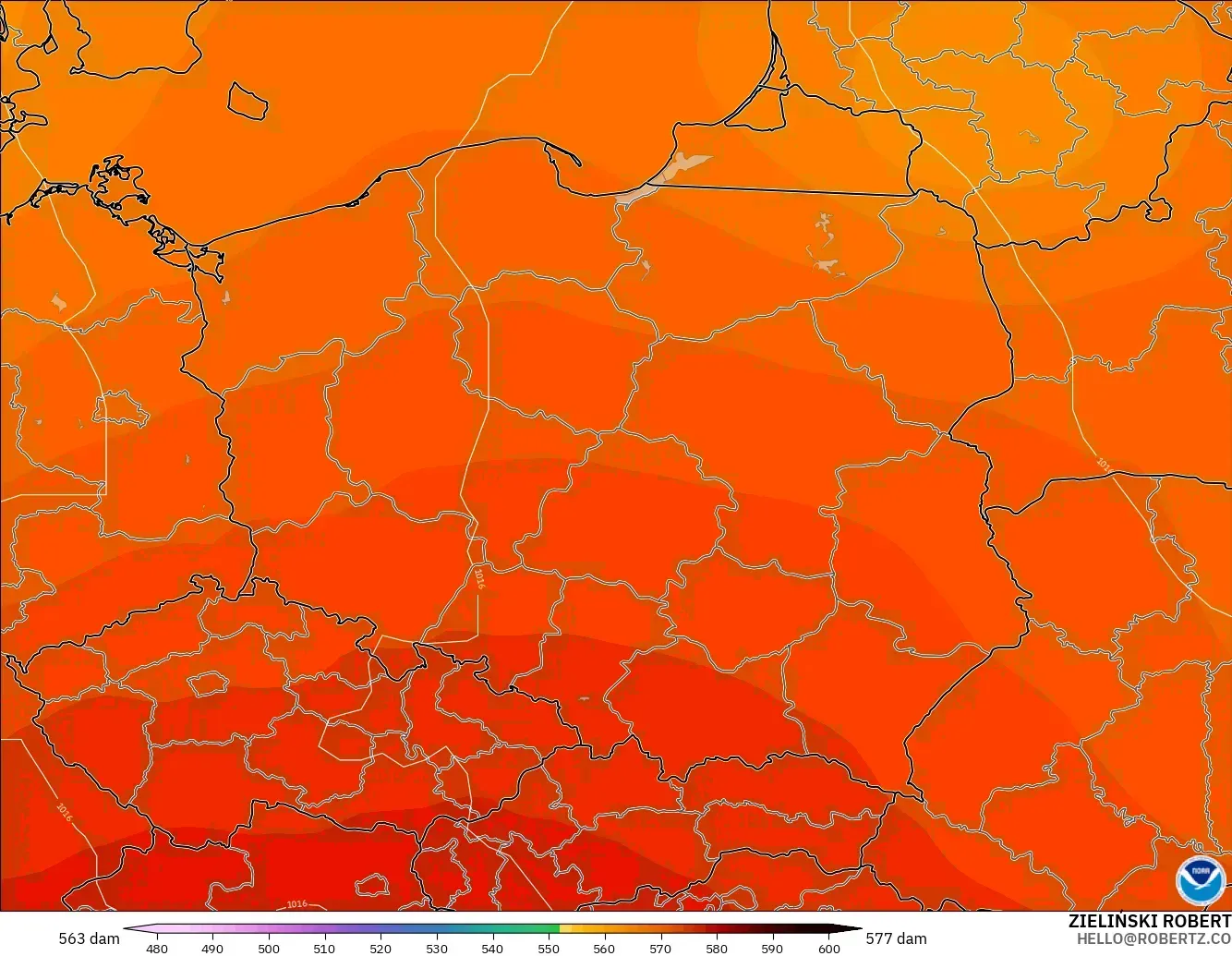 GFS modelo - Poland, Geopotential height at 500hPa