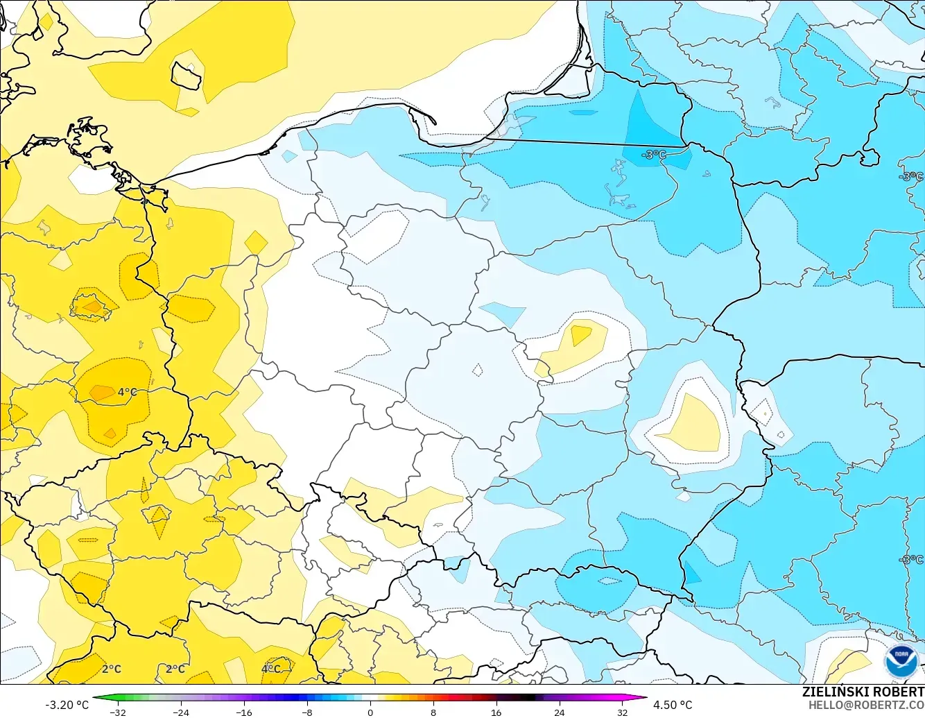 GFS modelo - Poland, Temperature at 2m Anomaly
