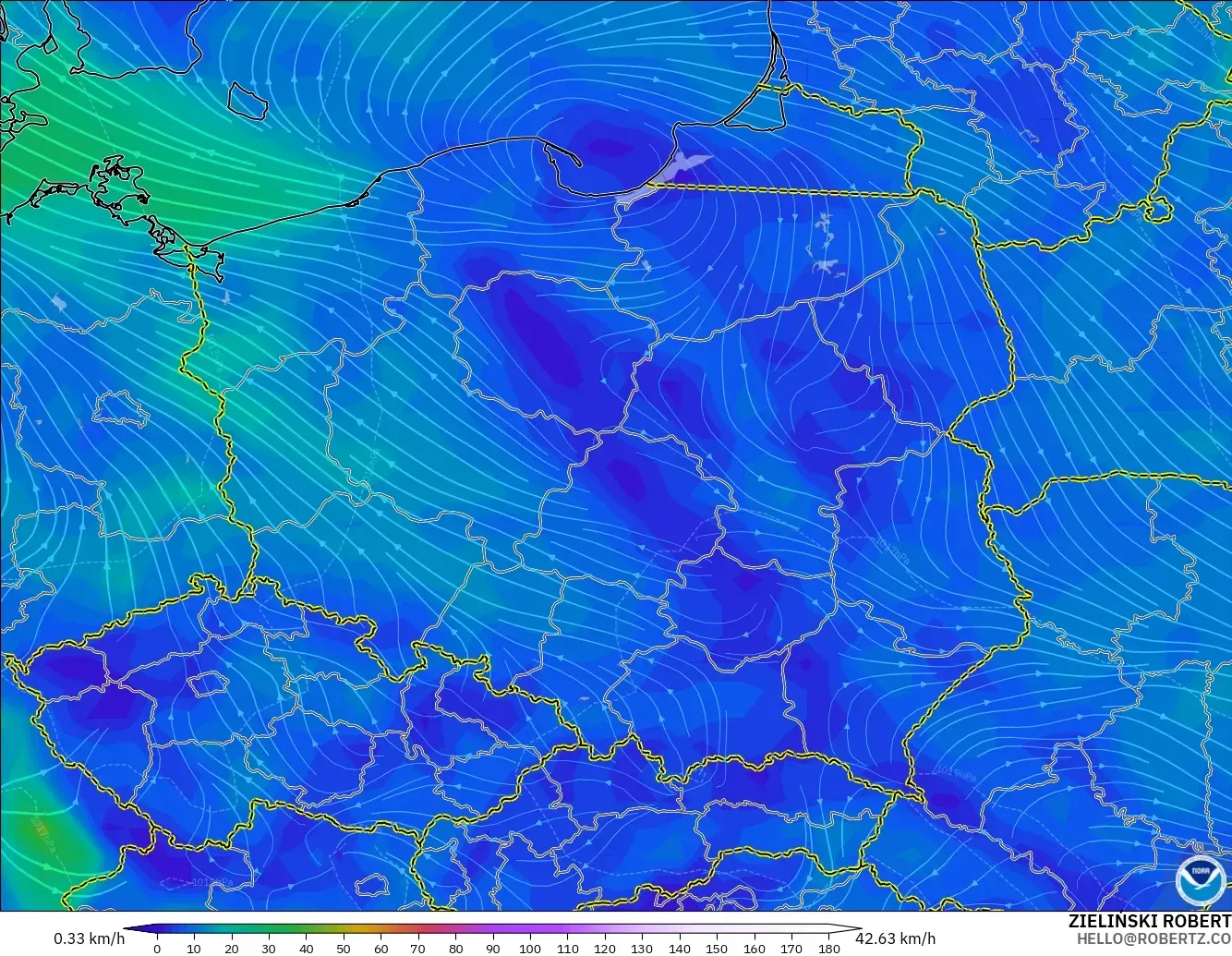 GFS model - Polandia, Angin 10 m