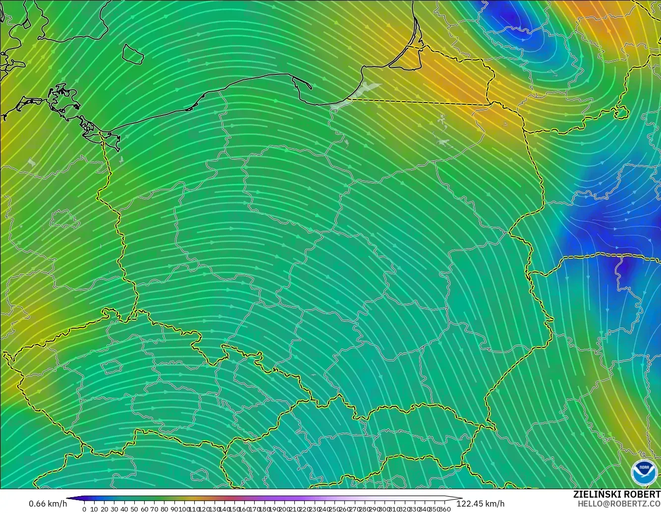 GFS modelo - Poland, Wind at 300hPa (jet stream)