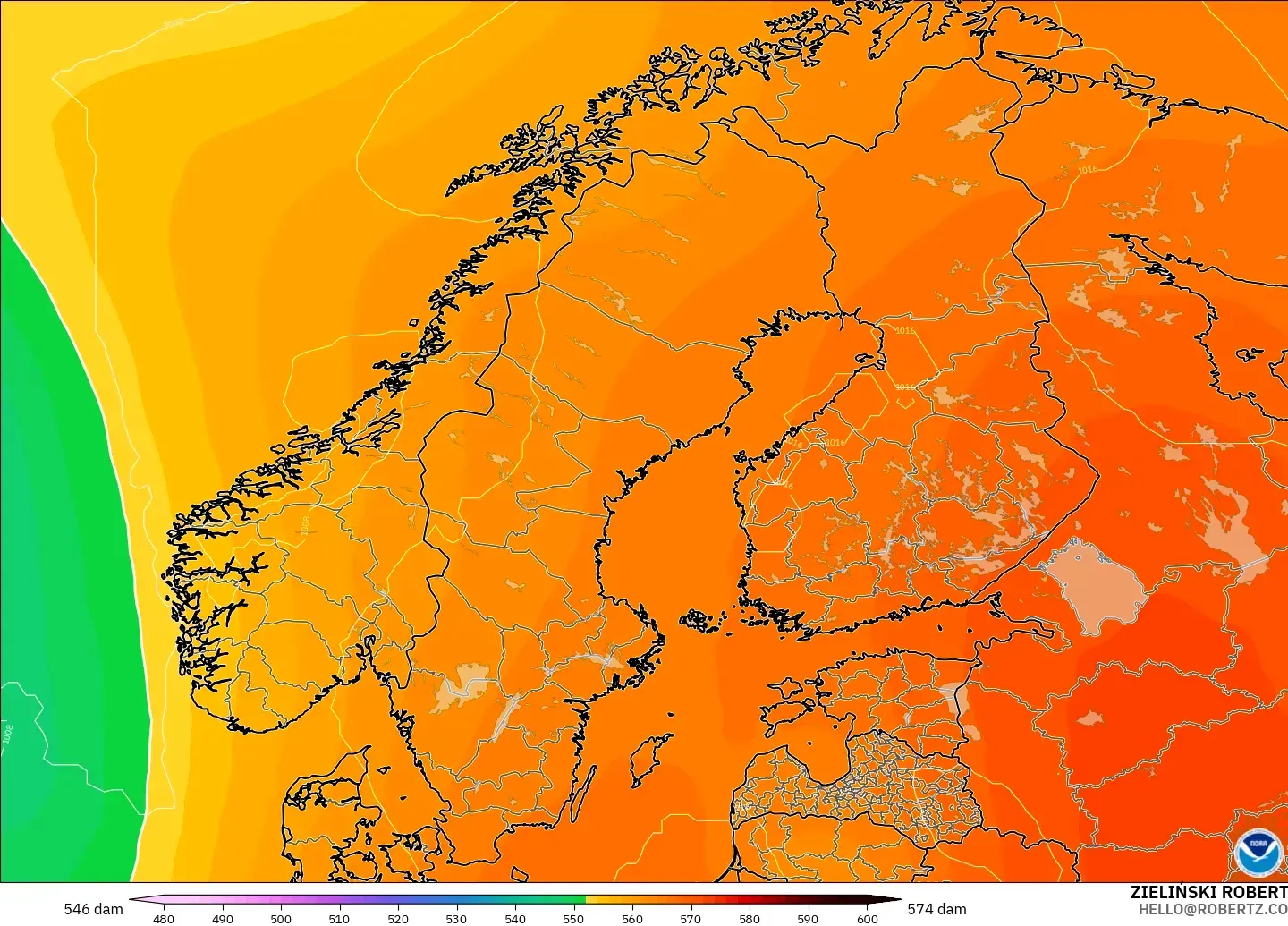 GFS modelo - Scandinavia, Geopotential height at 500hPa