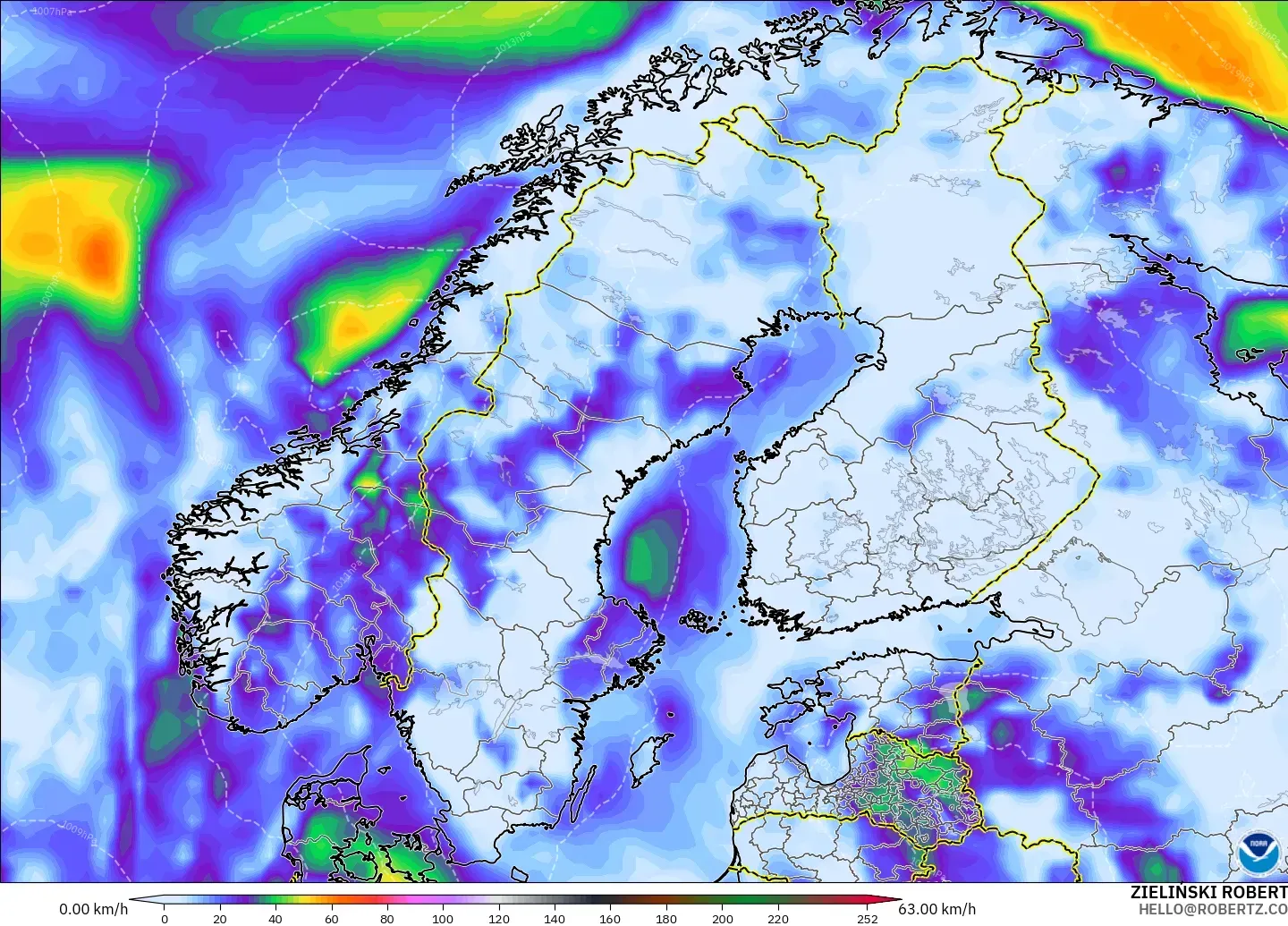 GFS model - Skandinavia, Hembusan Angin