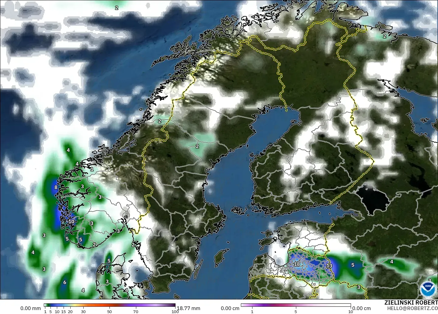 GFS modelo - Scandinavia, Precipitation, Clouds, and Pressure
