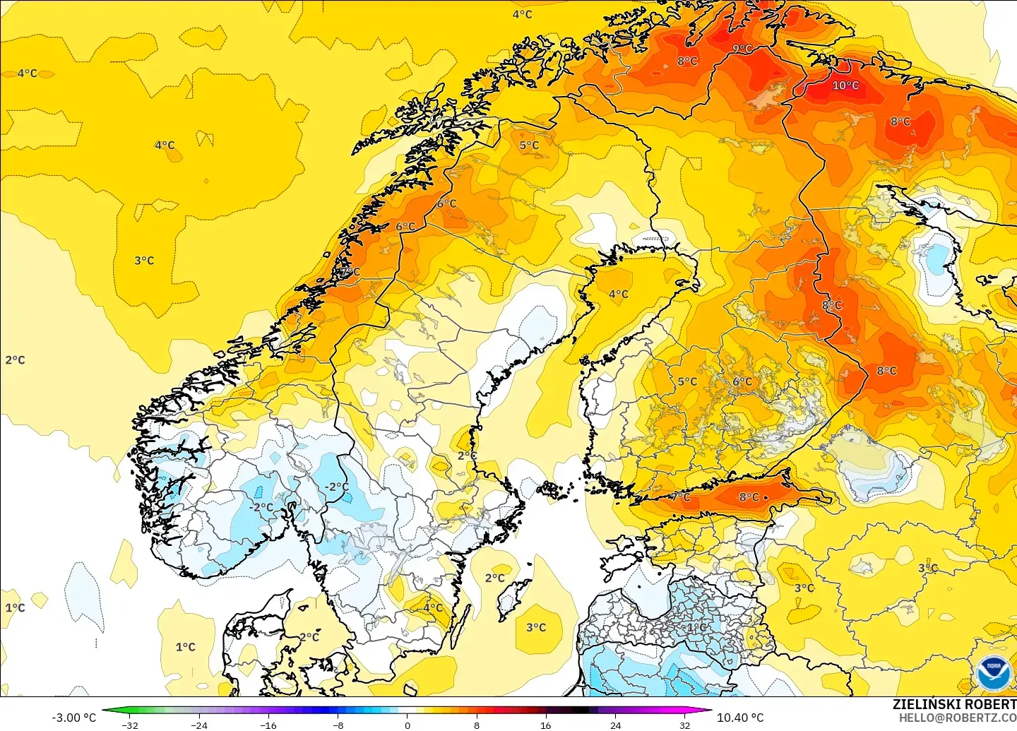 GFS model - Skandinavia, Anomali Suhu 2 m