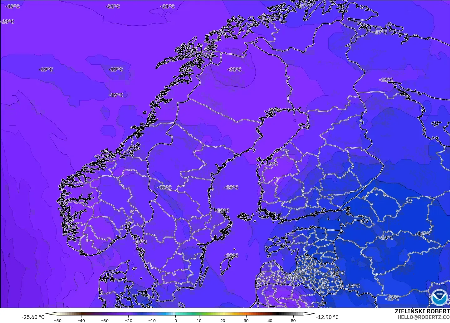 GFS modelo - Scandinavia, Temperature at 500hPa