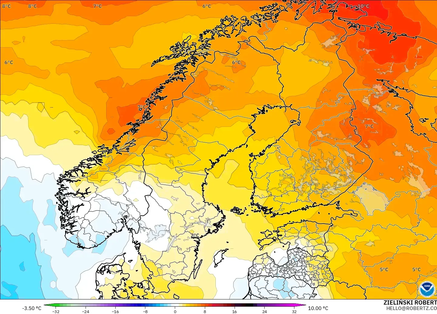 GFS model - Skandinavia, Anomali Suhu 850 hPa