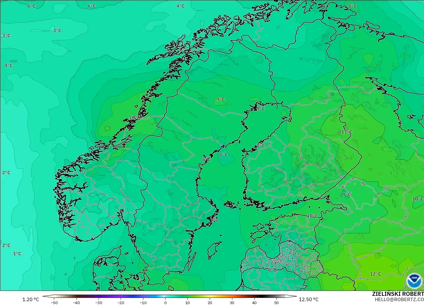 GFS modelo - Scandinavia, Temperature at 850hPa