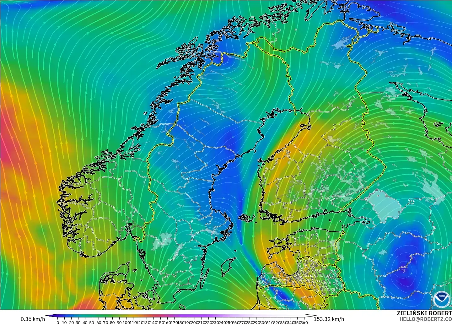 GFS modelo - Scandinavia, Wind at 300hPa (jet stream)