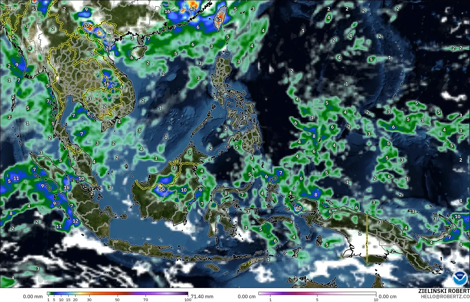 GFS modelo - South East Asia, Precipitation, Clouds, and Pressure