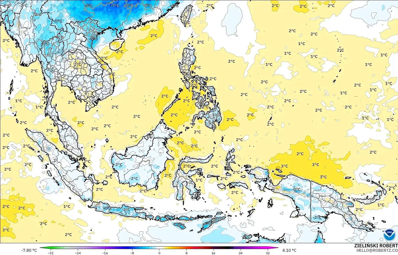 GFS modelo - South East Asia, Temperature at 2m Anomaly
