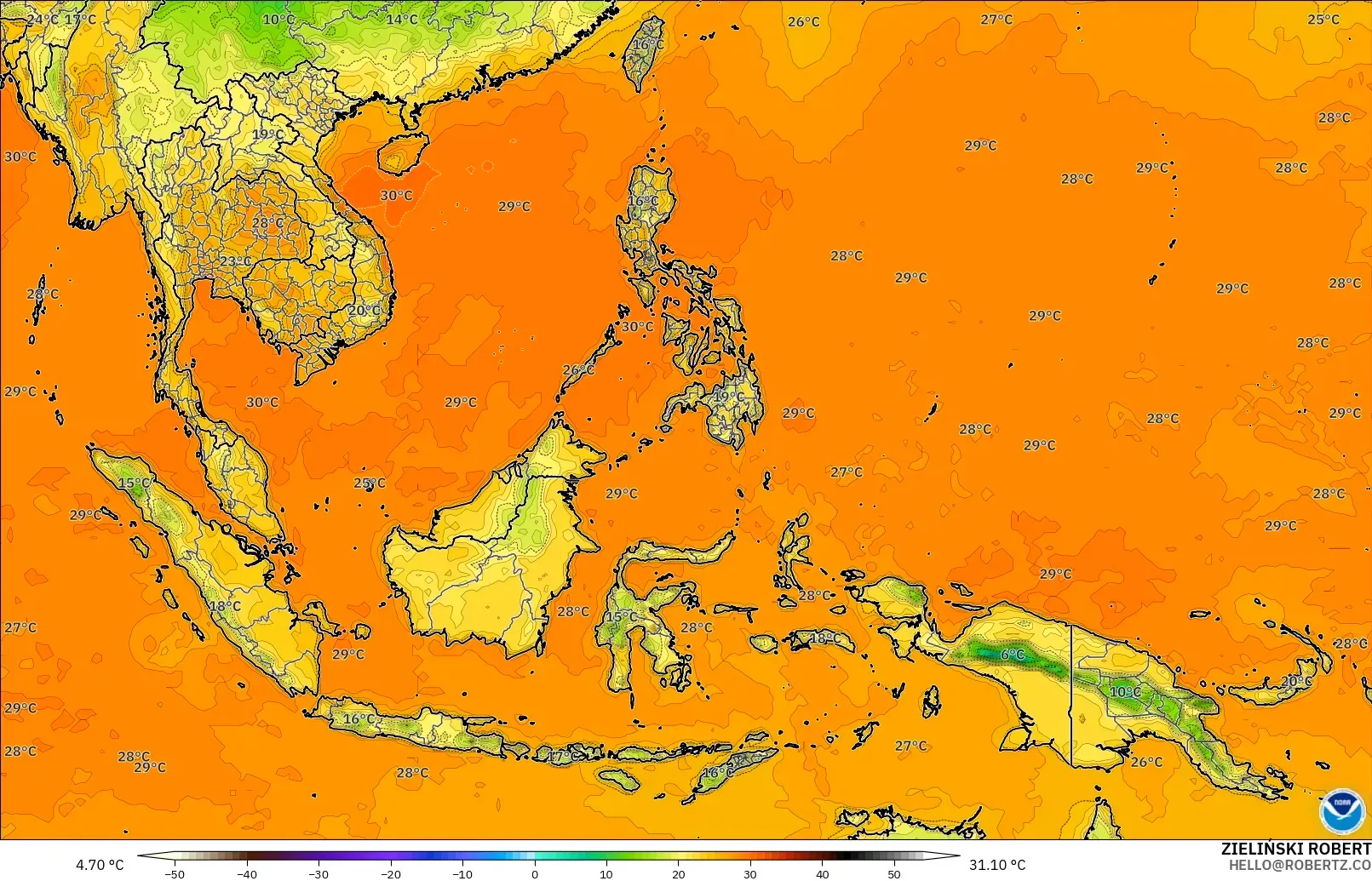 GFS modelo - South East Asia, Temperature at 2m