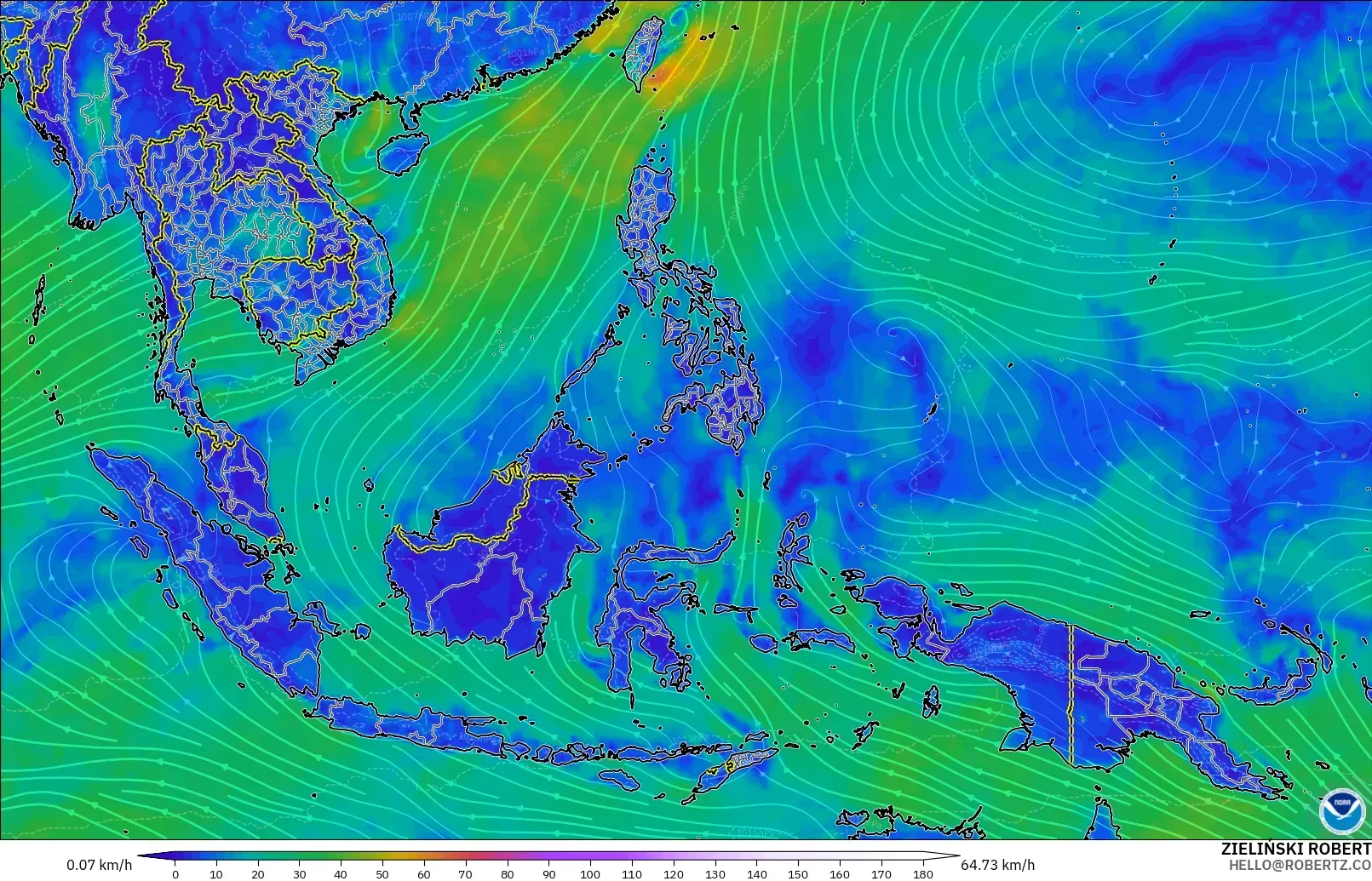 GFS modelo - South East Asia, Wind at 10m