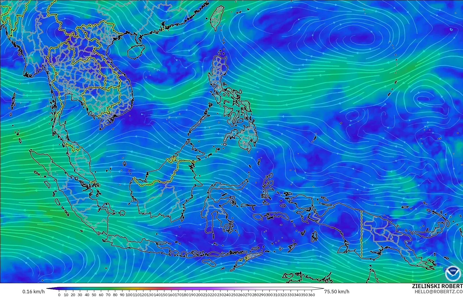 GFS model - Asia Tenggara, Angin 300 hPa (aliran jet)