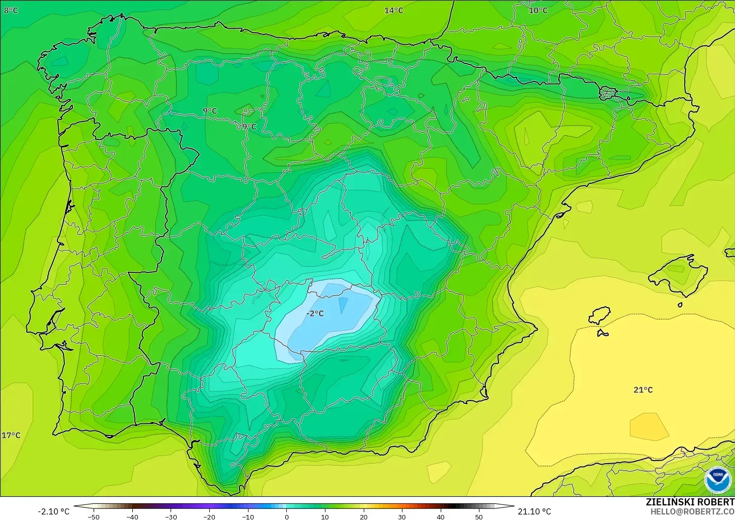 GFS modelo - Spain, Dewpoint at 2m