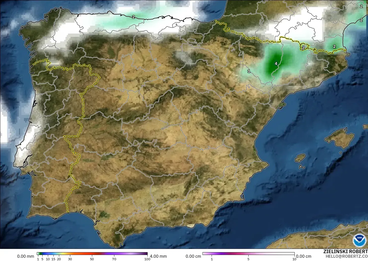 GFS modelo - Spain, Precipitation, Clouds, and Pressure