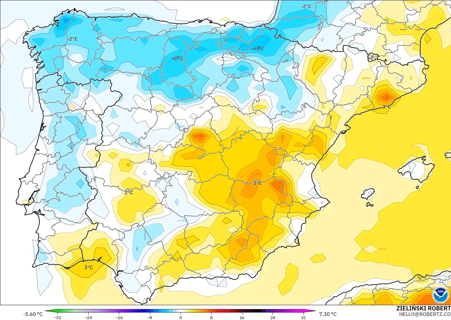GFS modelo - Spain, Temperature at 2m Anomaly