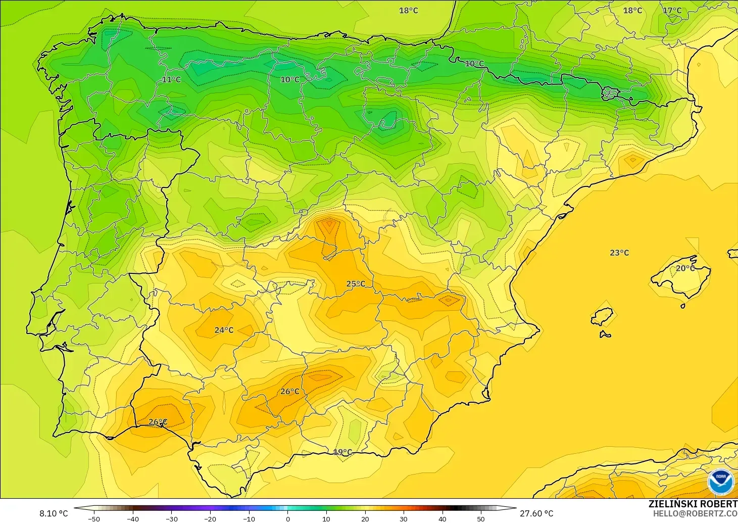 GFS modelo - Spain, Temperature at 2m