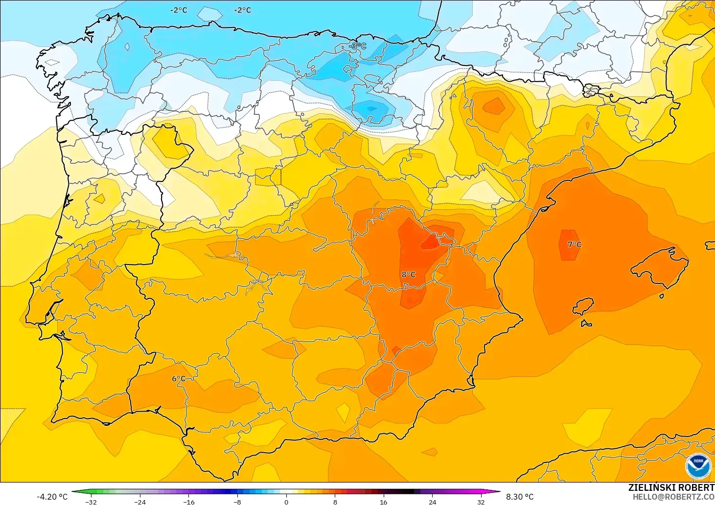 GFS model - Spanyol, Anomali Suhu 850 hPa