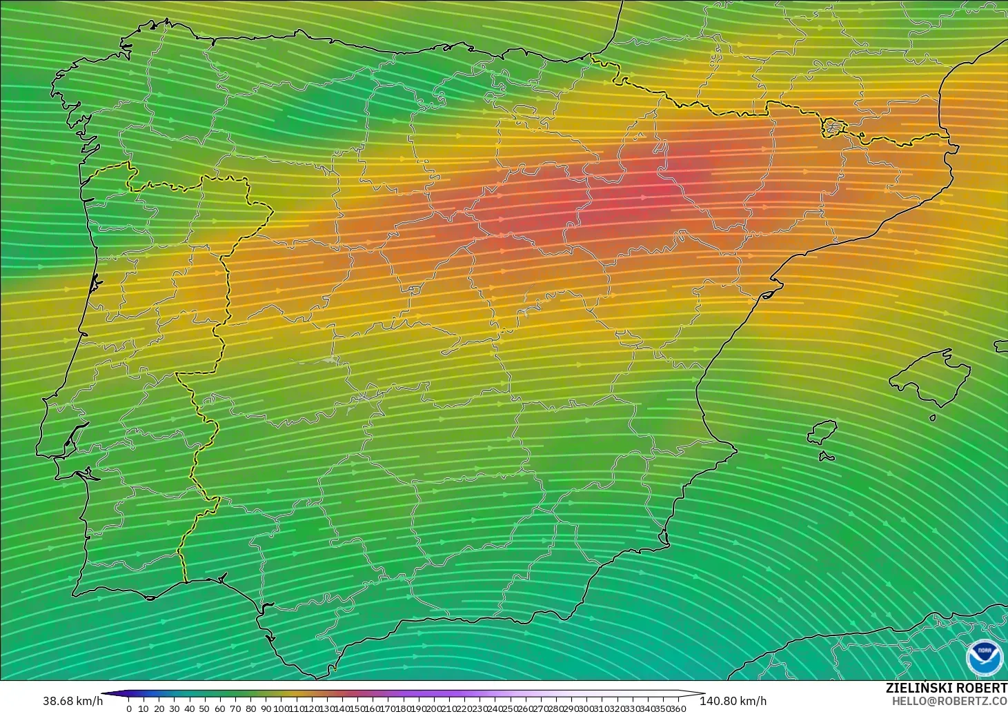 GFS modelo - Spain, Wind at 300hPa (jet stream)