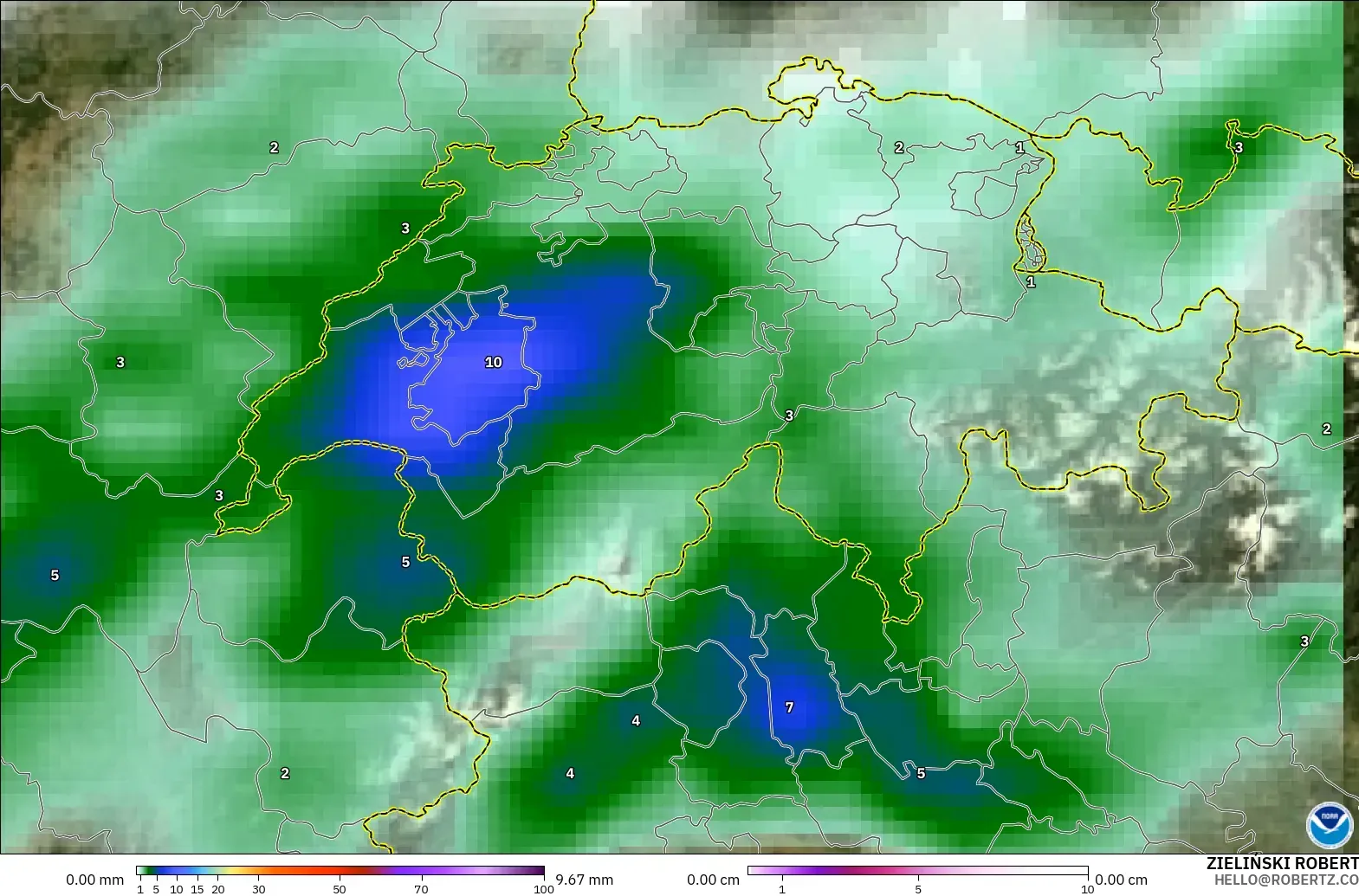 GFS modelo - Switzerland, Precipitation, Clouds, and Pressure