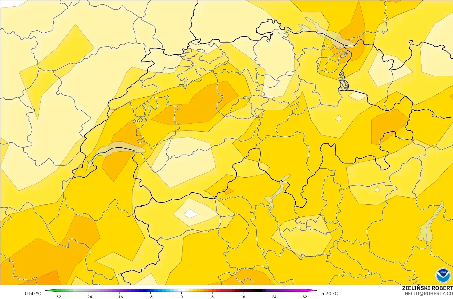 GFS modelo - Switzerland, Temperature at 850hPa Anomaly