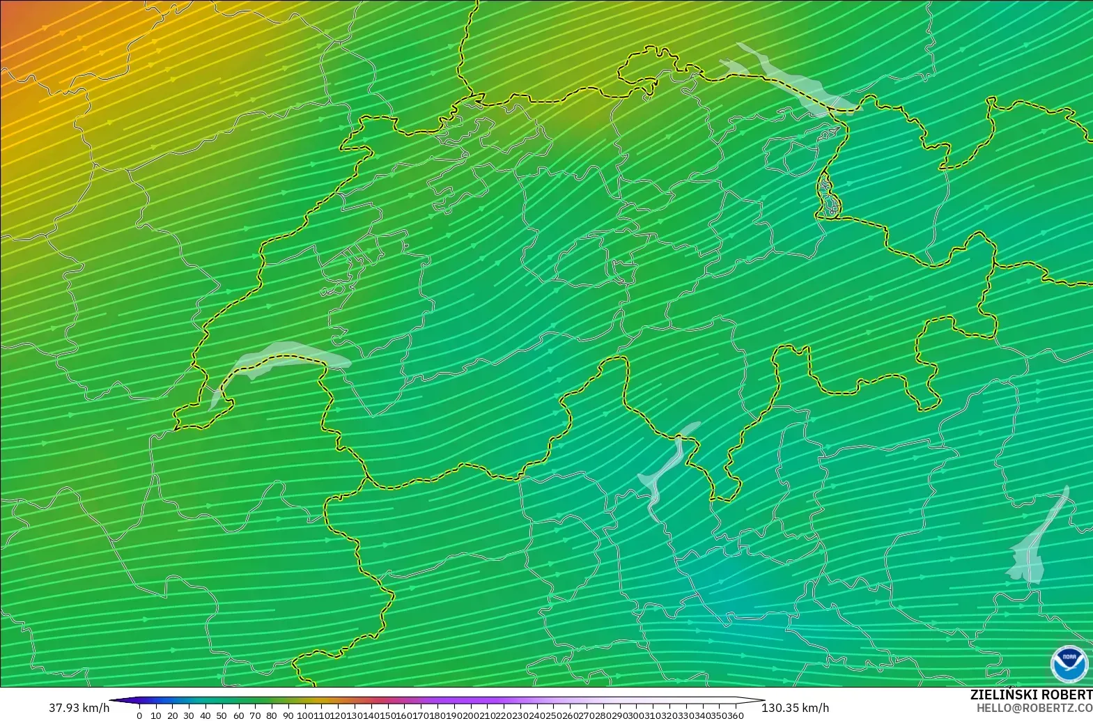 GFS modelo - Switzerland, Wind at 300hPa (jet stream)